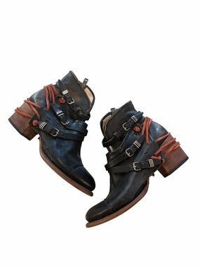 Freebird Crue Black Leather Buckle Ankle Boots with Brown Wood Heel Red Wraps